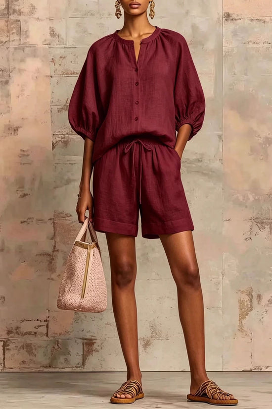Fashionable Cotton-Linen Lantern-Sleeve Shirt And Mid-Waist Drawstring Shorts Set 