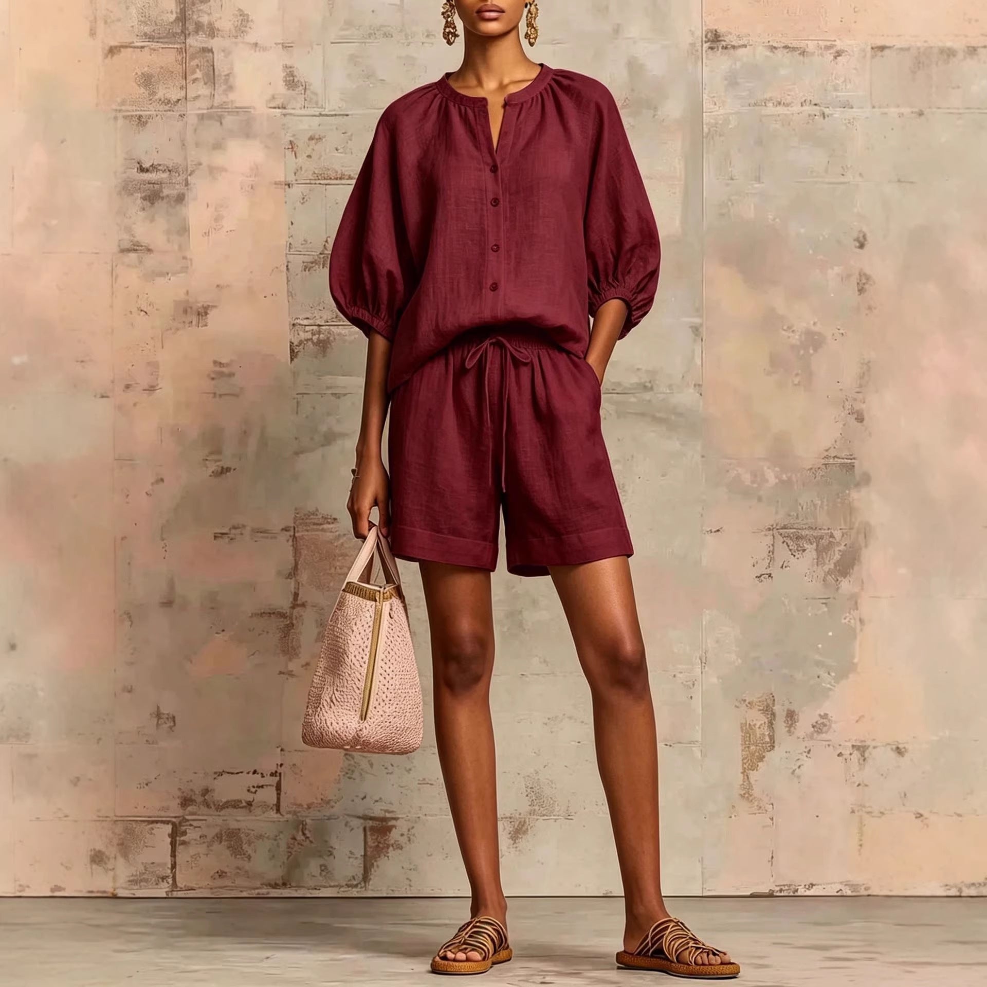 Fashionable Cotton-Linen Lantern-Sleeve Shirt And Mid-Waist Drawstring Shorts Set 