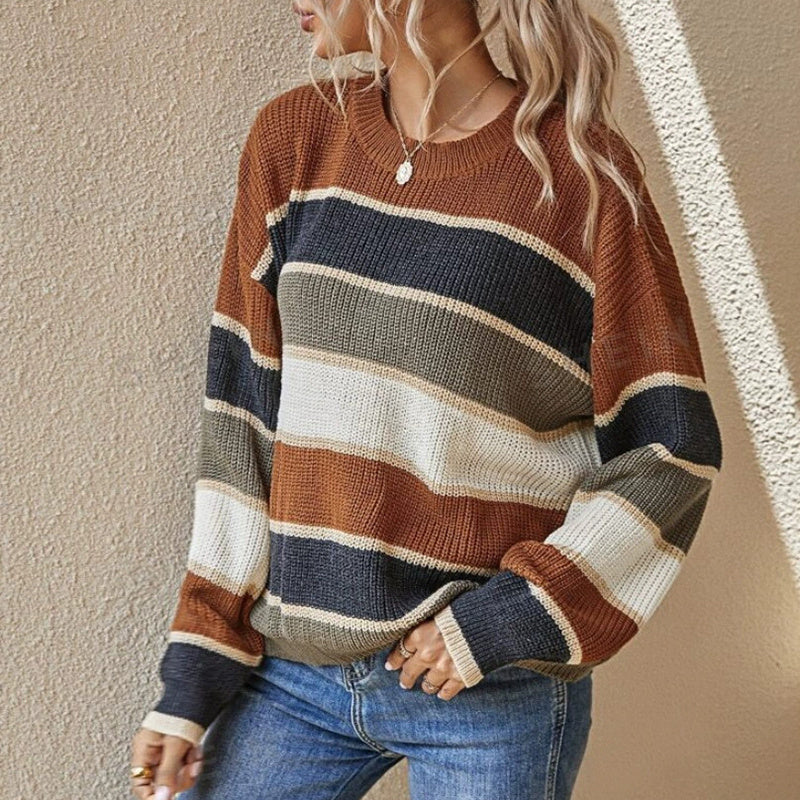 Women's 2025 Striped Color Block Sweater, Cute Crewneck Pullover Top, Fall Winter Fashion Knitwear CJ US