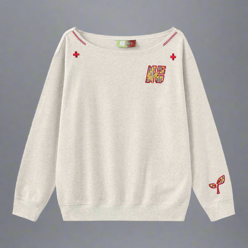 Women's Paste Cloth Embroidery Slant Shoulder Loose Long Sleeve Top CJ