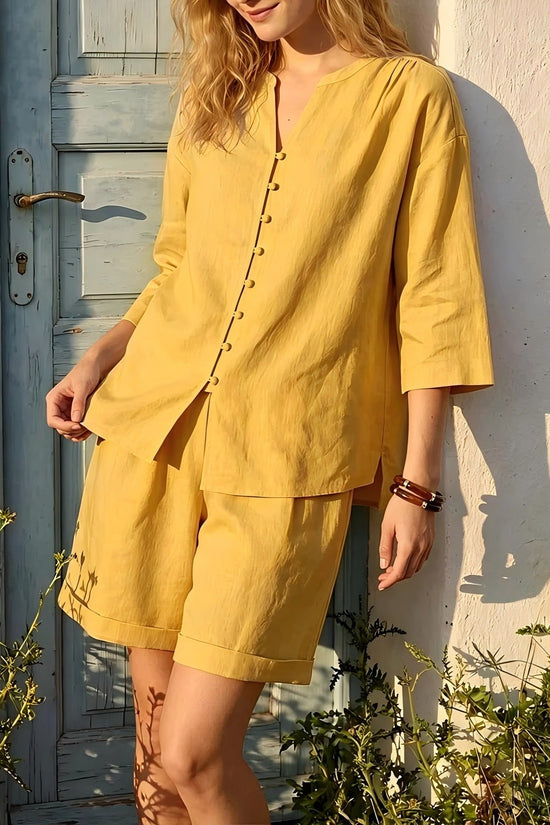 Womens V-neck Top And High-Waist Wide-Leg Shorts Set 