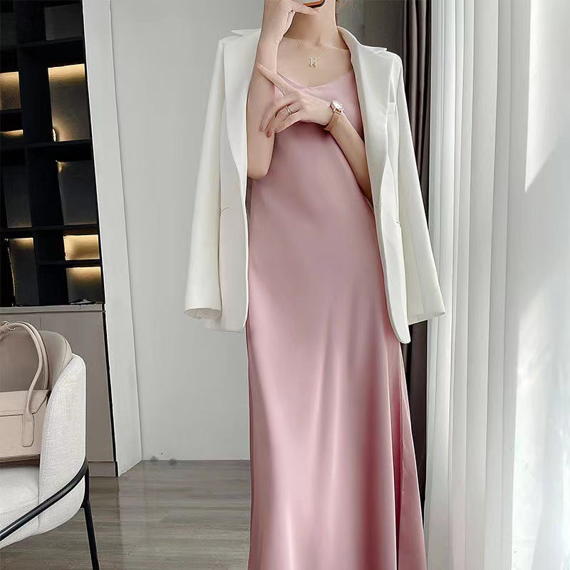 New Style French-Style Summer Acetate Satin Loose Strap Long Dress 