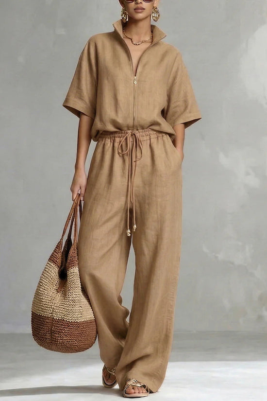 Womens Casual Loose Solid-Color Zip-Up Crew-Neck Wide-Leg Pants Set 