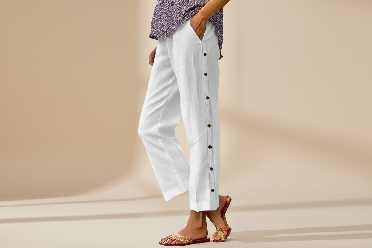 Cropped Pants With Decorative Buttons Along The Side Seams 