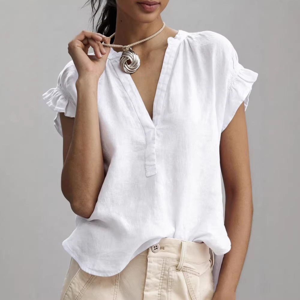 Women's Casual V-Neck Short-Sleeve Solid Color Cotton-Linen Top 