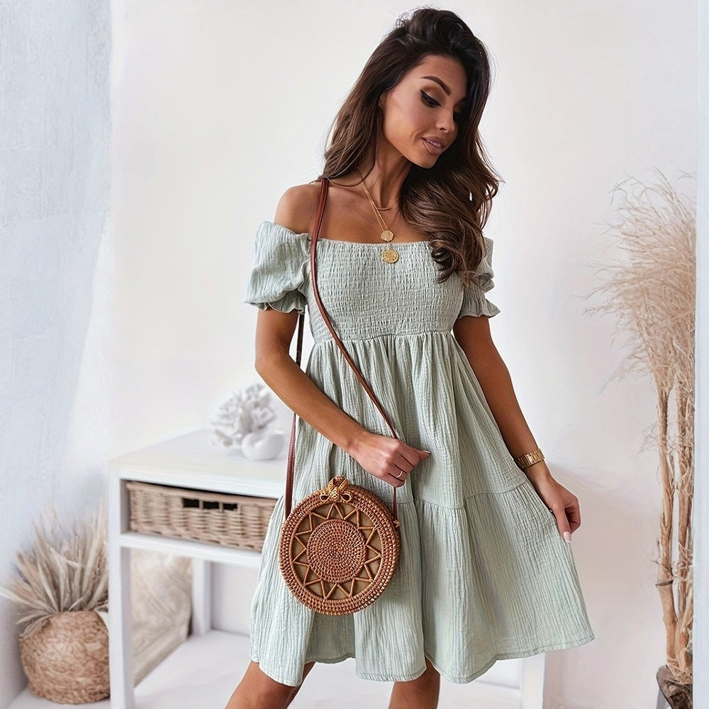 Casual Sexy One Word Collar Wrinkle Puff Sleeve Mid Dresses CJ US