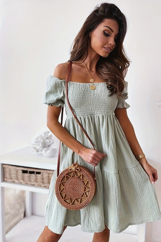 Casual One Word Collar Wrinkle Puff Sleeve Mid Dresses CJ US
