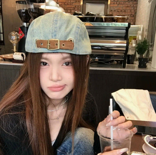 Double-brimmed, Turned-up Brim Denim Beret 