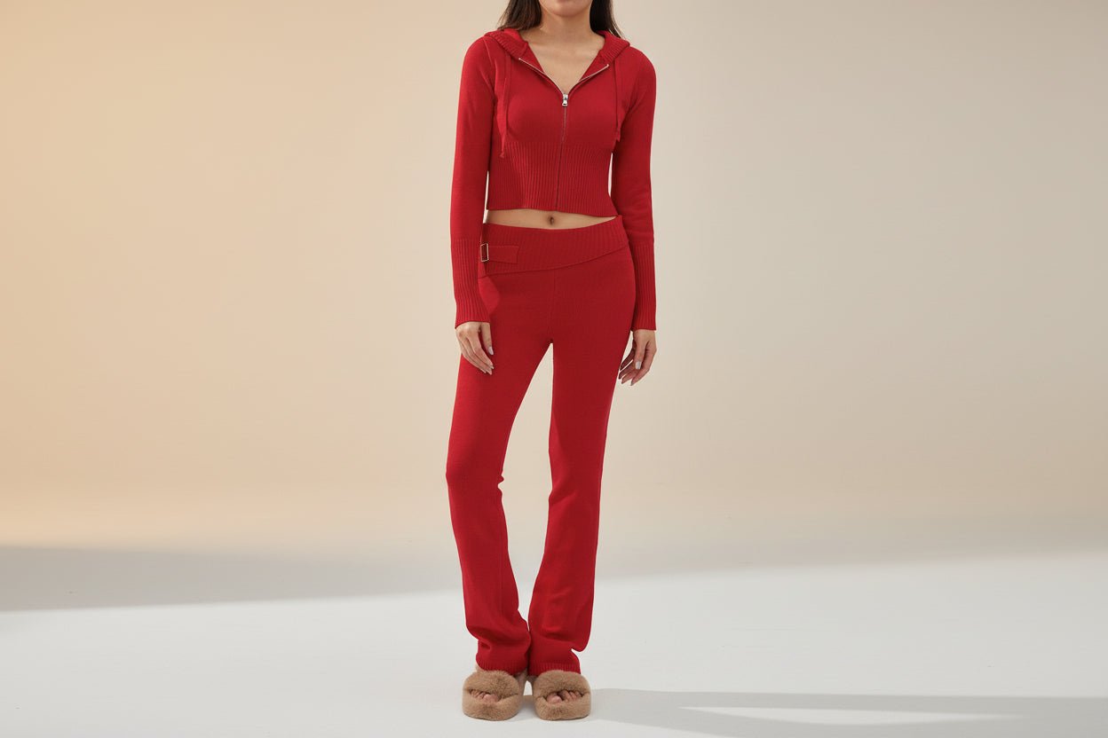 Women’s Knitted Hooded Two-Piece Set – Cardigan & High-Waisted Pants Suit