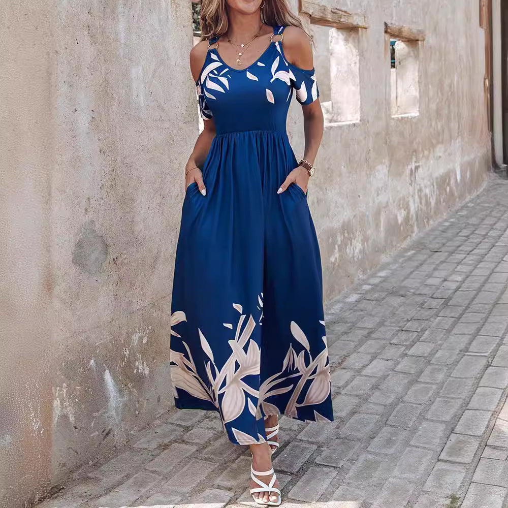 Ladies' Floral Print Deep V-neck Tassel Detail Elegant Short Dress 