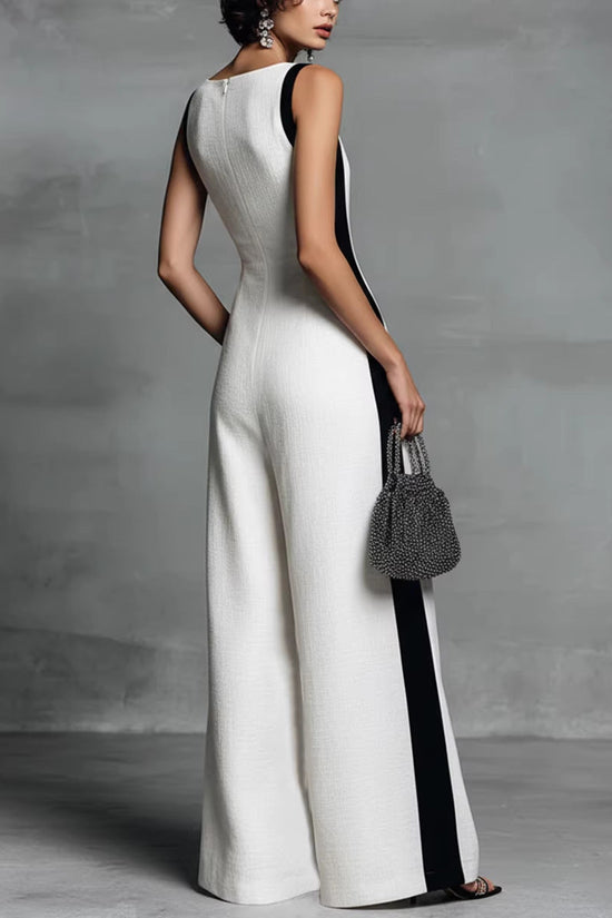 Sleeveless Womens V-Neck Contrasting Color Wide-Leg Jumpsuit 