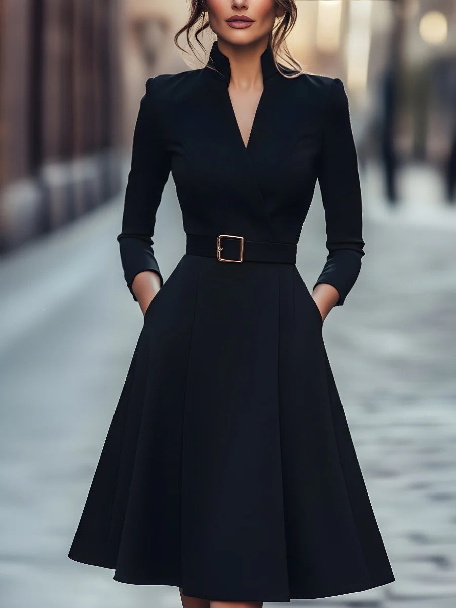 Solid Color Waist V-Neck Long Sleeve Swing Dress, Women's Autumn Winter Dress 