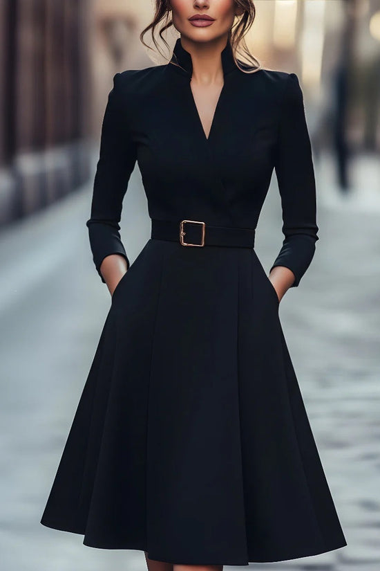 Solid Color Waist V-Neck Long Sleeve Swing Dress, Women's Autumn Winter Dress 