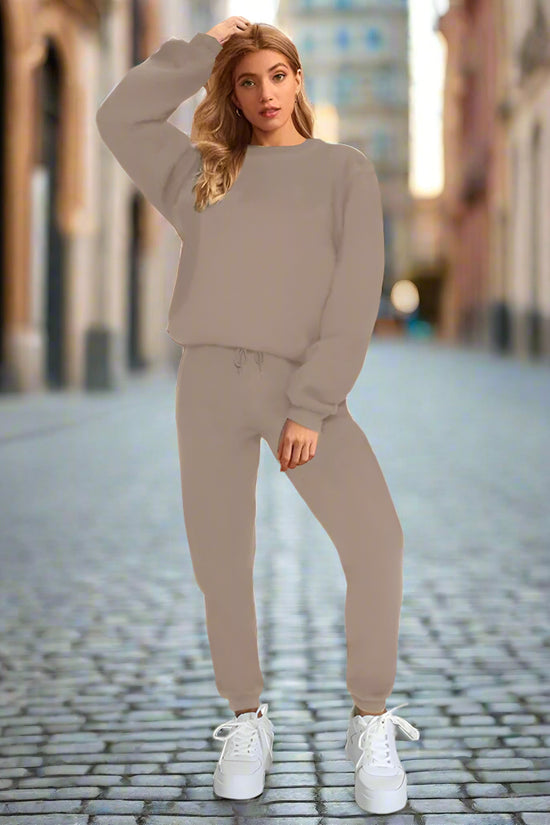 👚 Women's Solid Color Round Neck Pullover Sweatshirt & Pants Set FitiqueFit