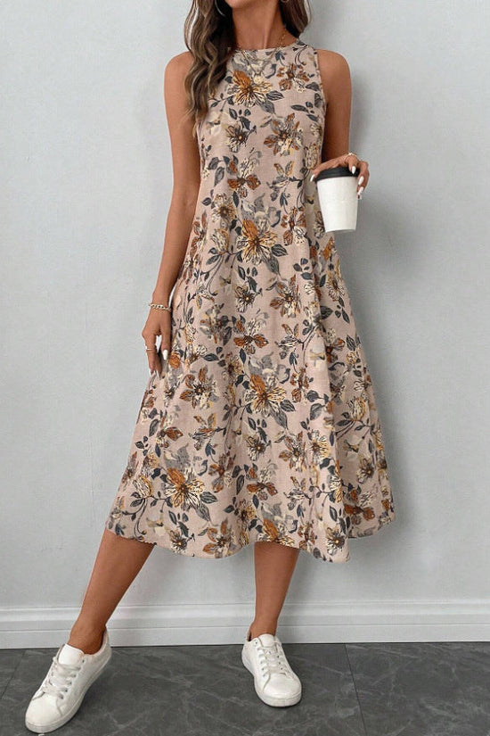 Womens Printed All-Match Sleeveless Pocketed Dress 