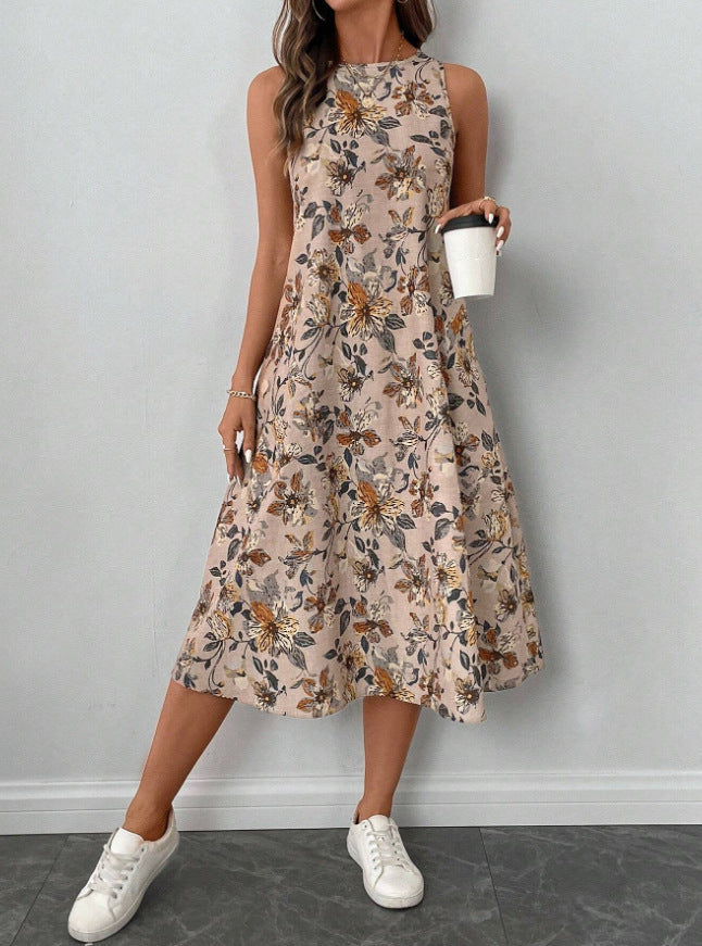 Womens Printed All-Match Sleeveless Pocketed Dress 