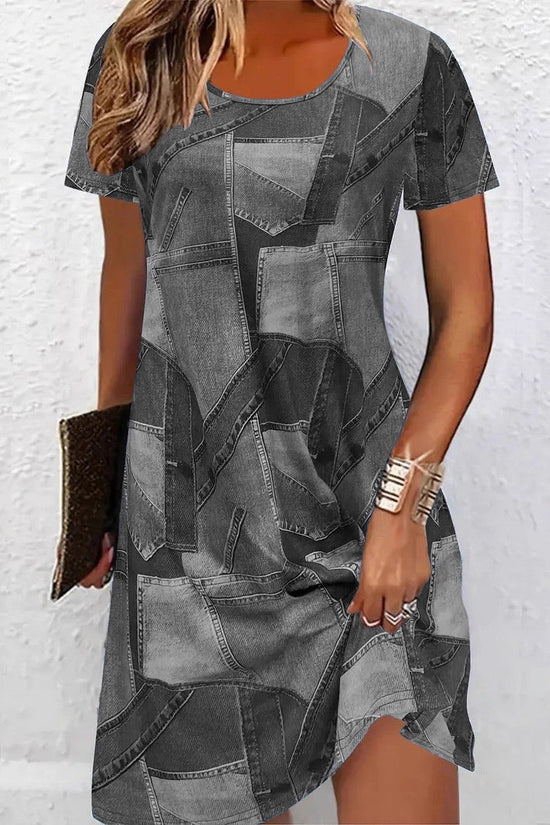 Women's Plus Size Digital Print Denim-Look Short Sleeve Dress 
