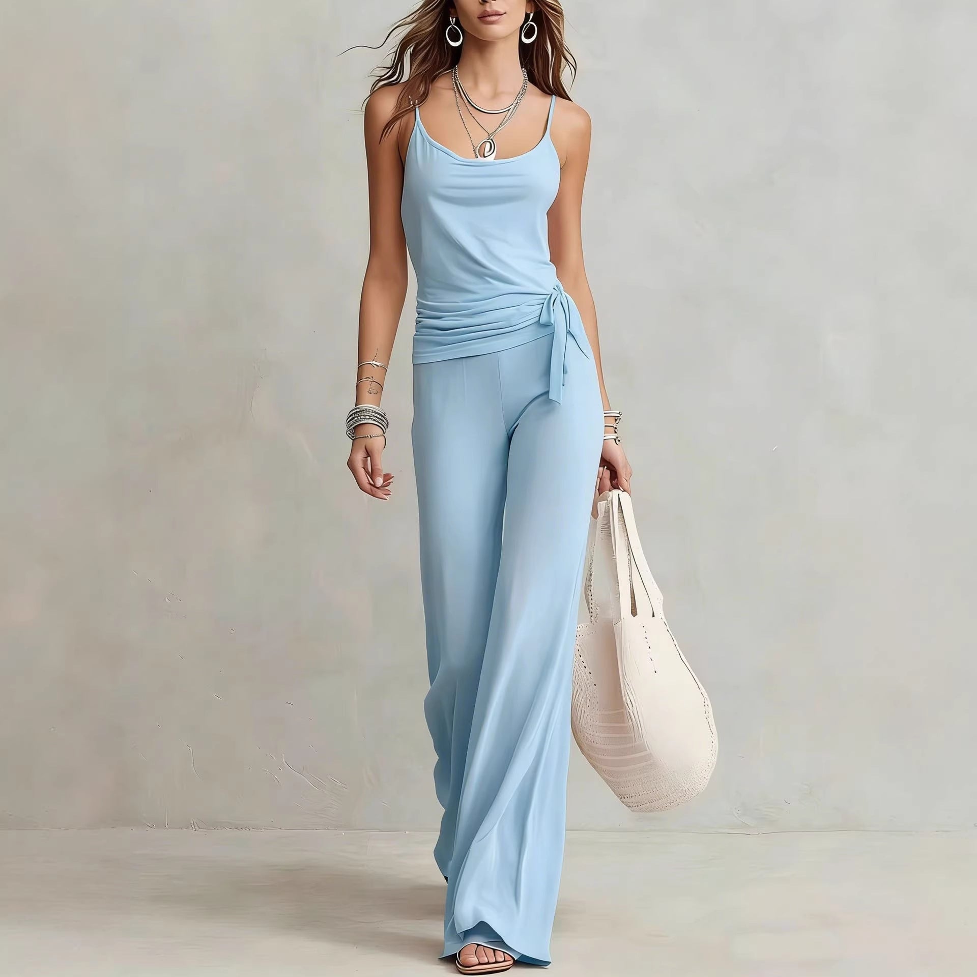 Women's Solid Color Sleeveless Top And Pants Set 