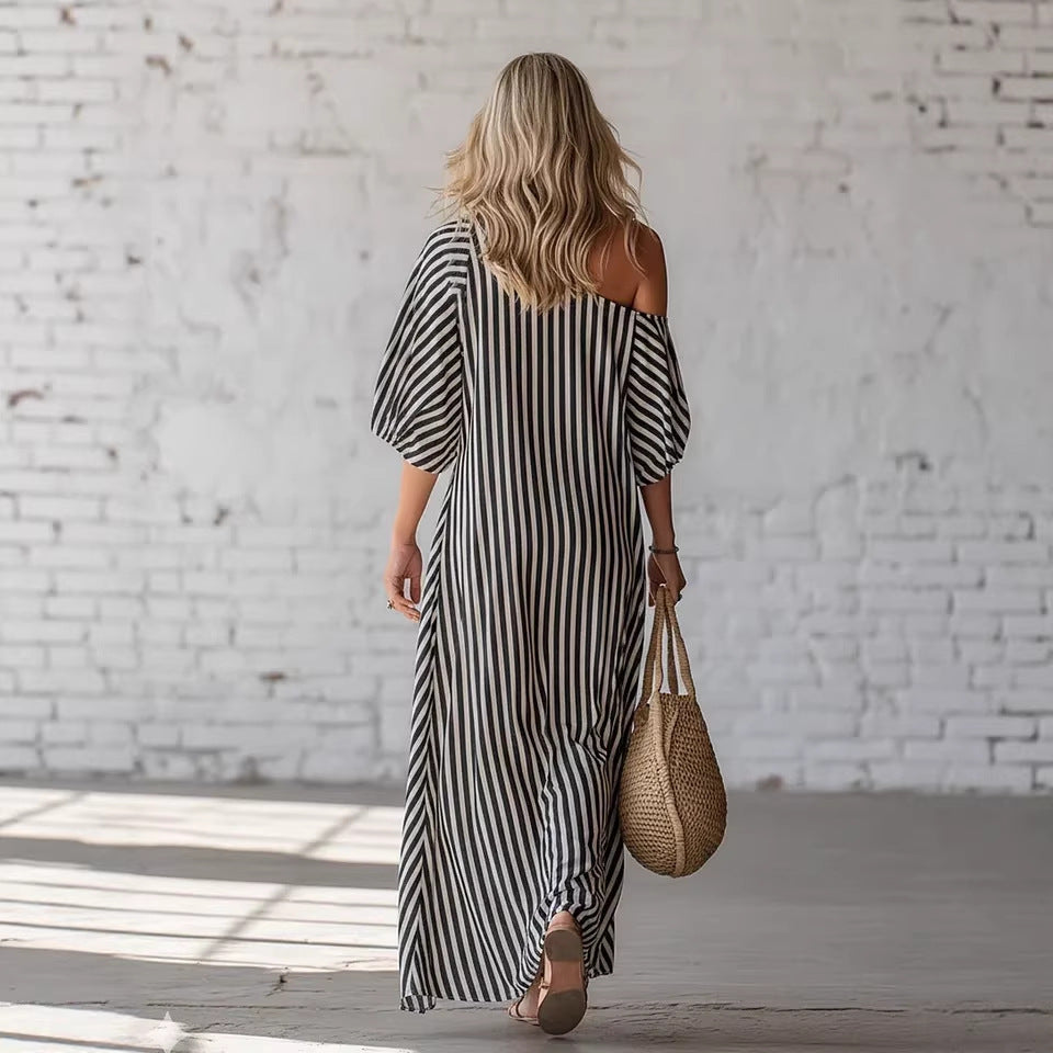 Womens Striped Off-shoulder Dress 