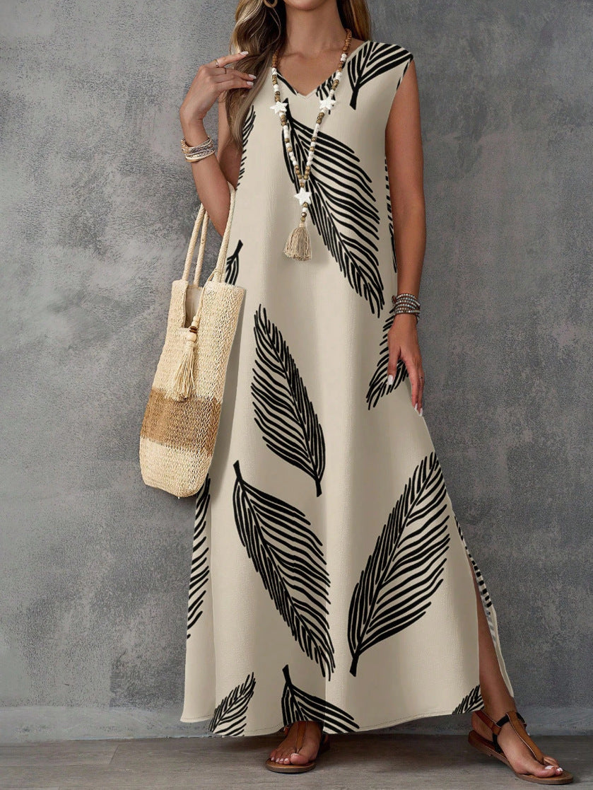 Summer Vacation Style Casual Printed V-Neck Dress 