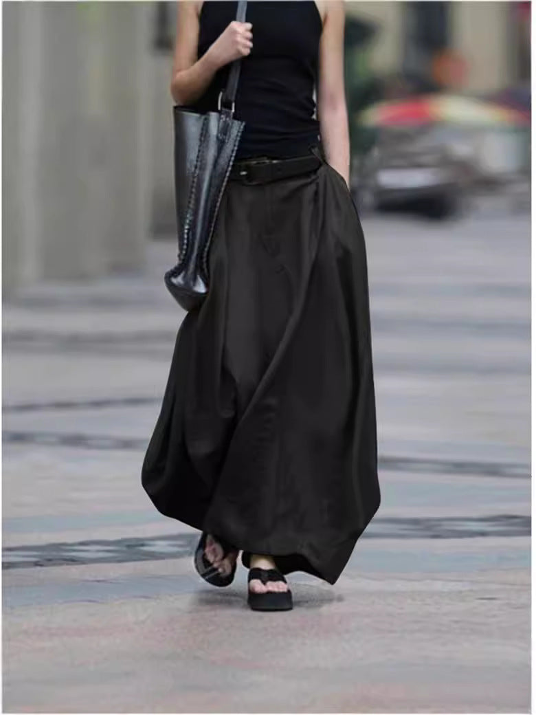 Womens Solid-color High-waisted Long Skirt 