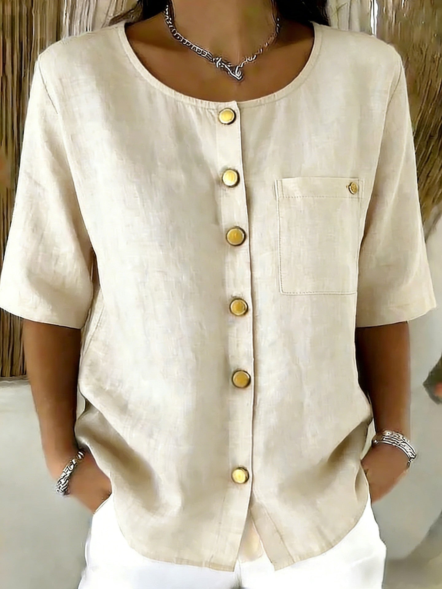Womens Crew-Neck Shirt With Metal Buttons And Three-Quarter Sleeves 