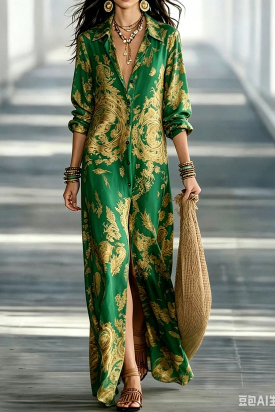 Blue Tone Printed Chiffon Turn-down Collar Split Resort Beach Dress 