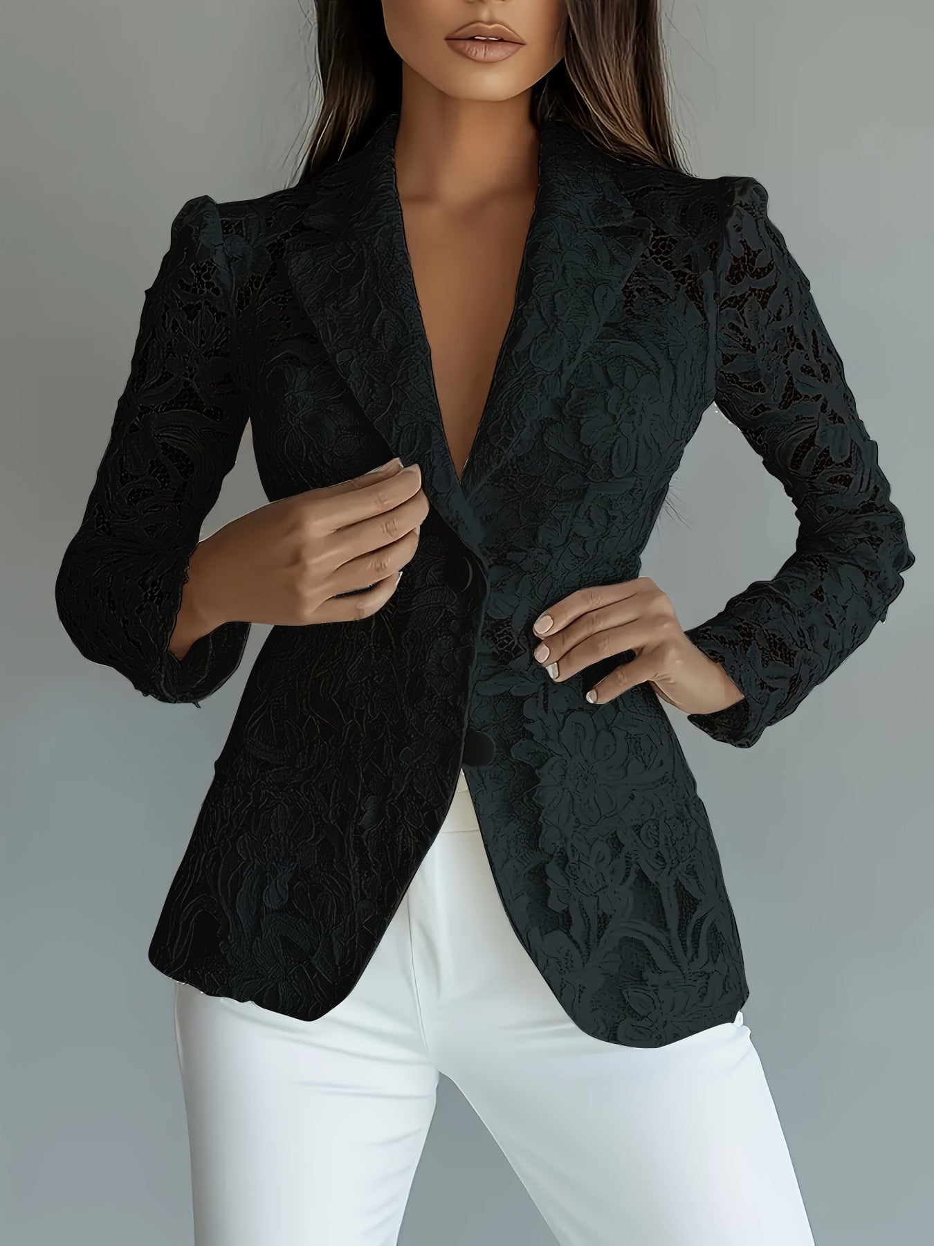 Fashionable Casual Elegant Lace V-Neck Sheer Blazer for Women 