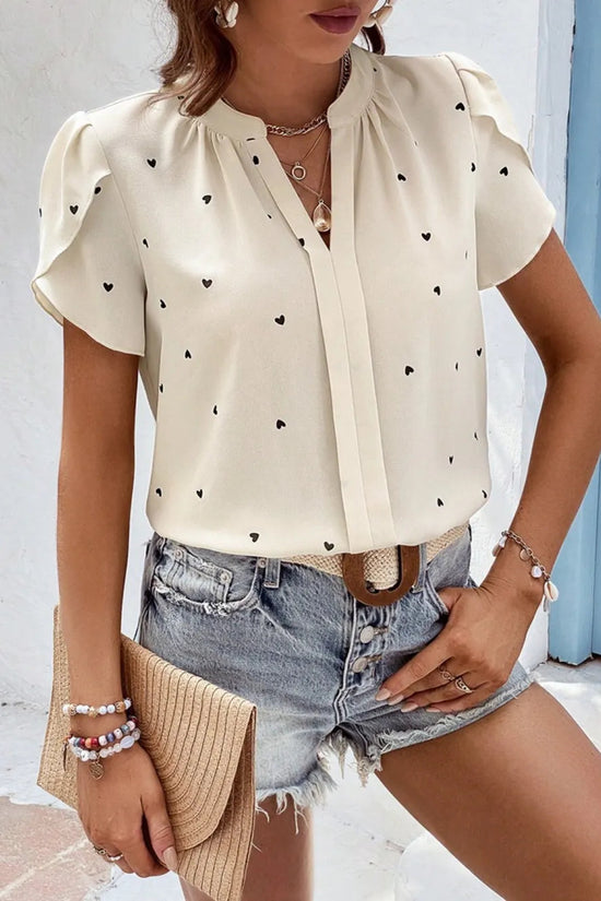V-neck heart-shaped petal sleeve shirt with elegant women's top 
