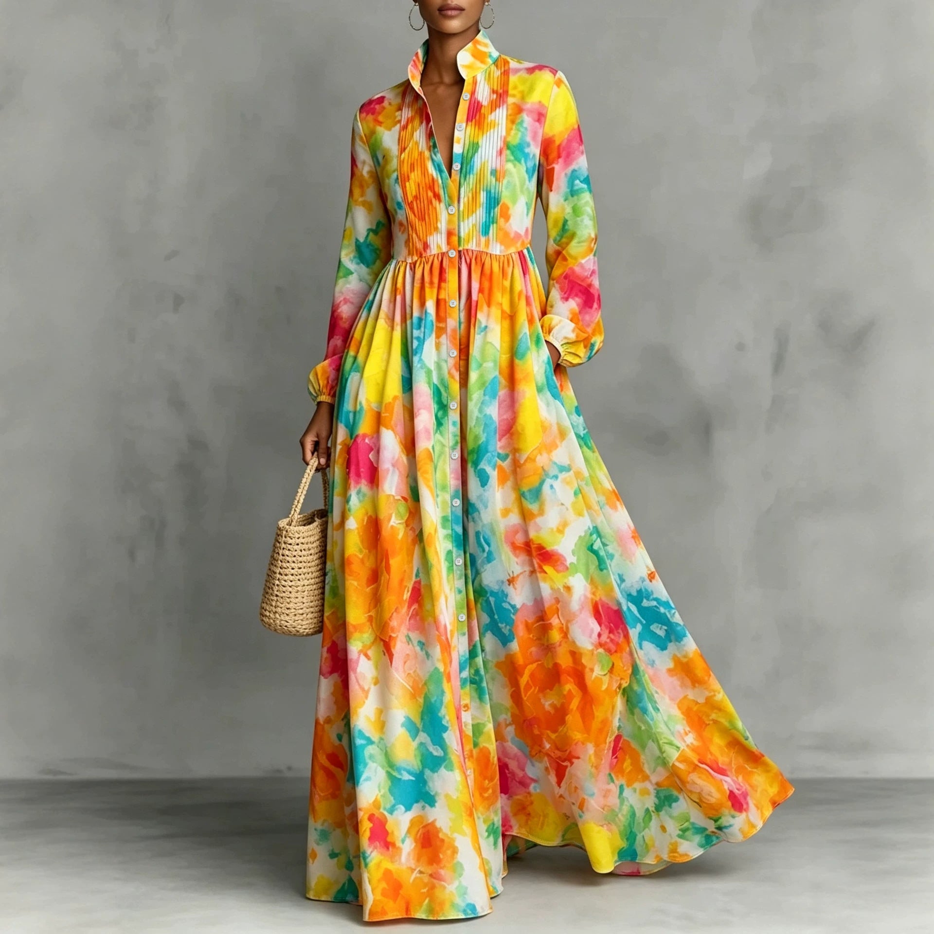 New Style Shirt Dress with  Floral Digital Printing Long Dress 
