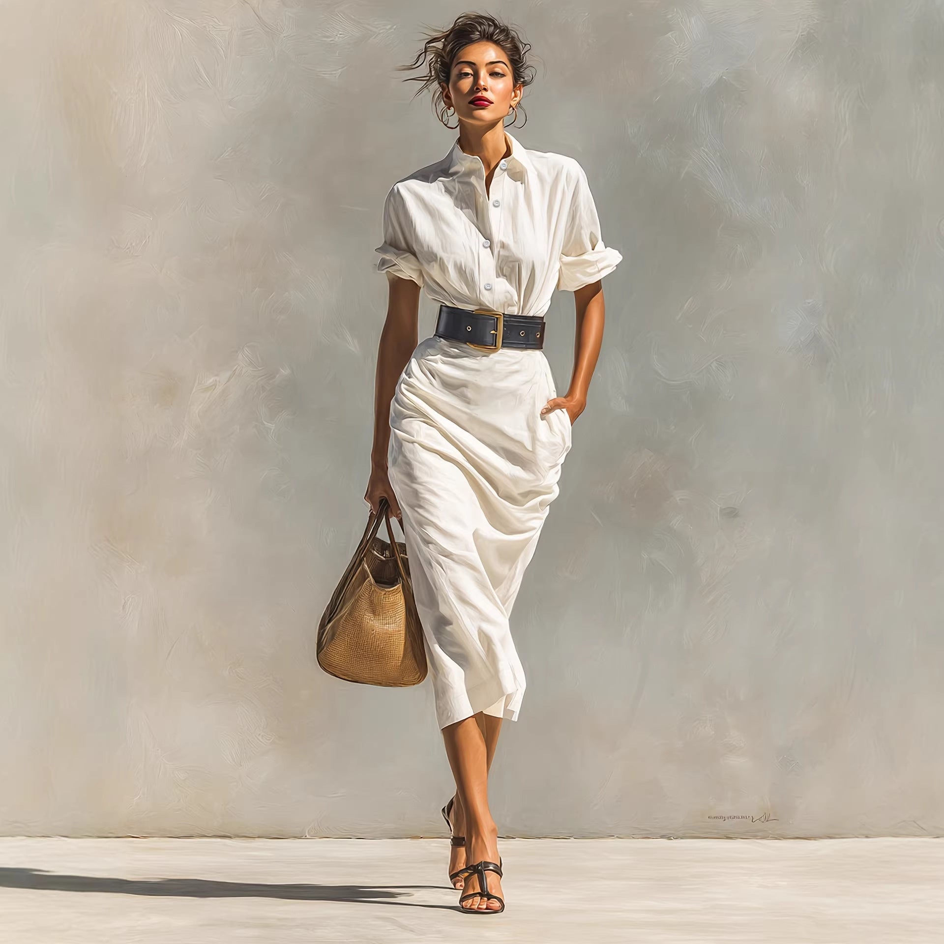 Solid color waist folded shirt long dress 