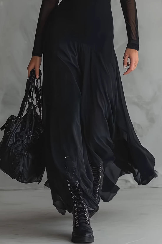 Elegant women's black see through mesh long sleeved dress 