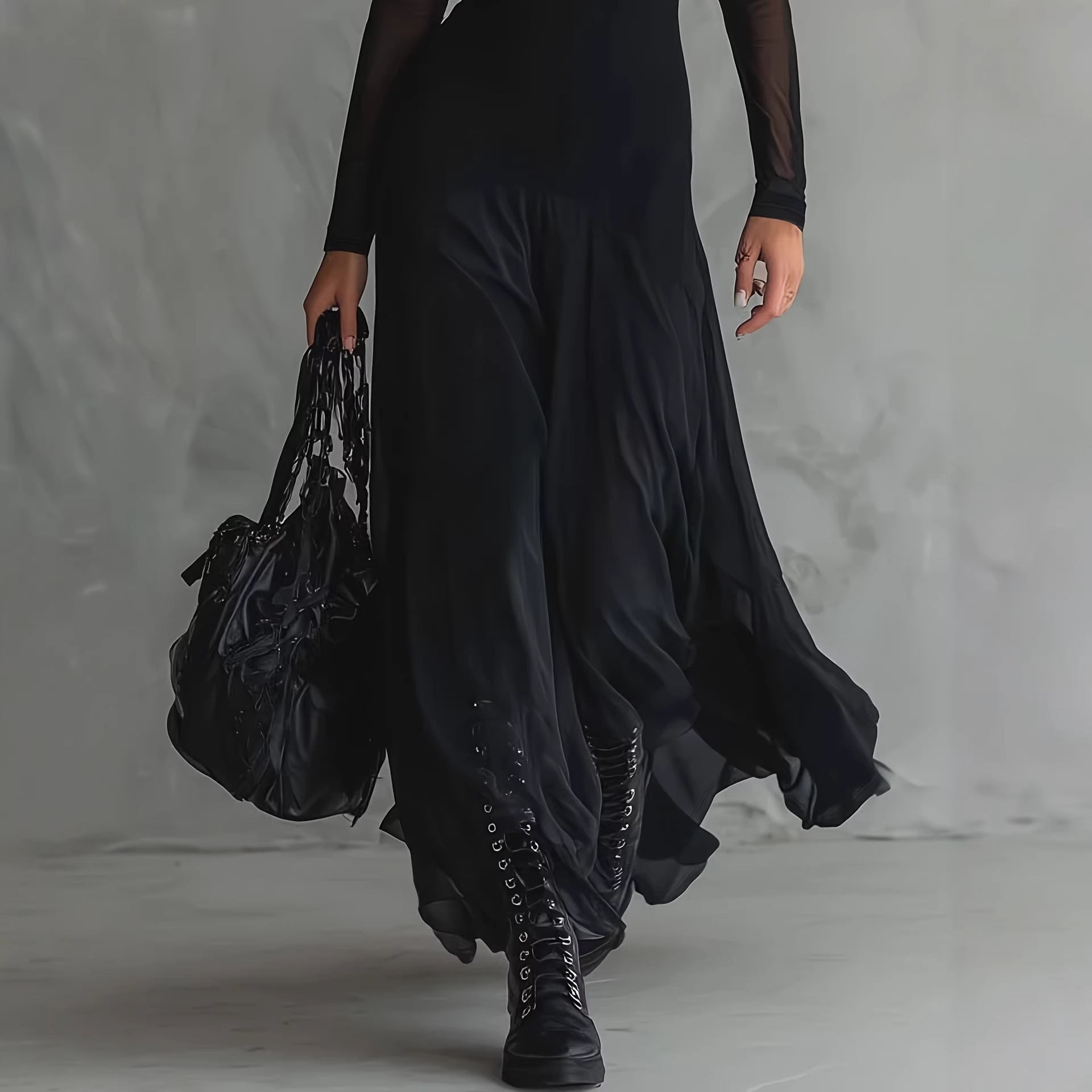 Elegant women's black see through mesh long sleeved dress 