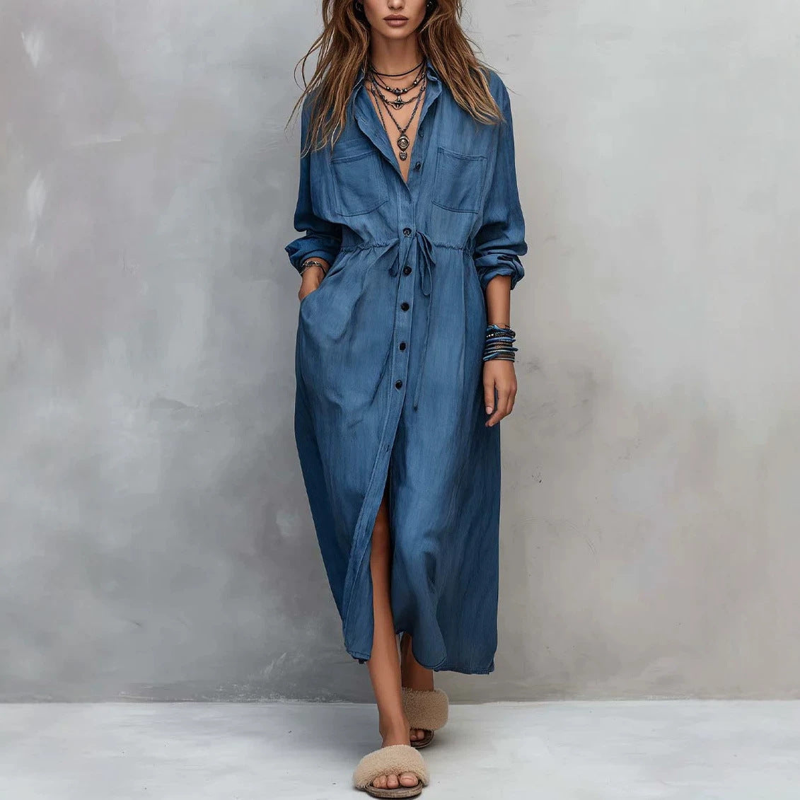 Spring and Autumn Casual Drawstring Waist Shirt Dress Loose Style for Women 