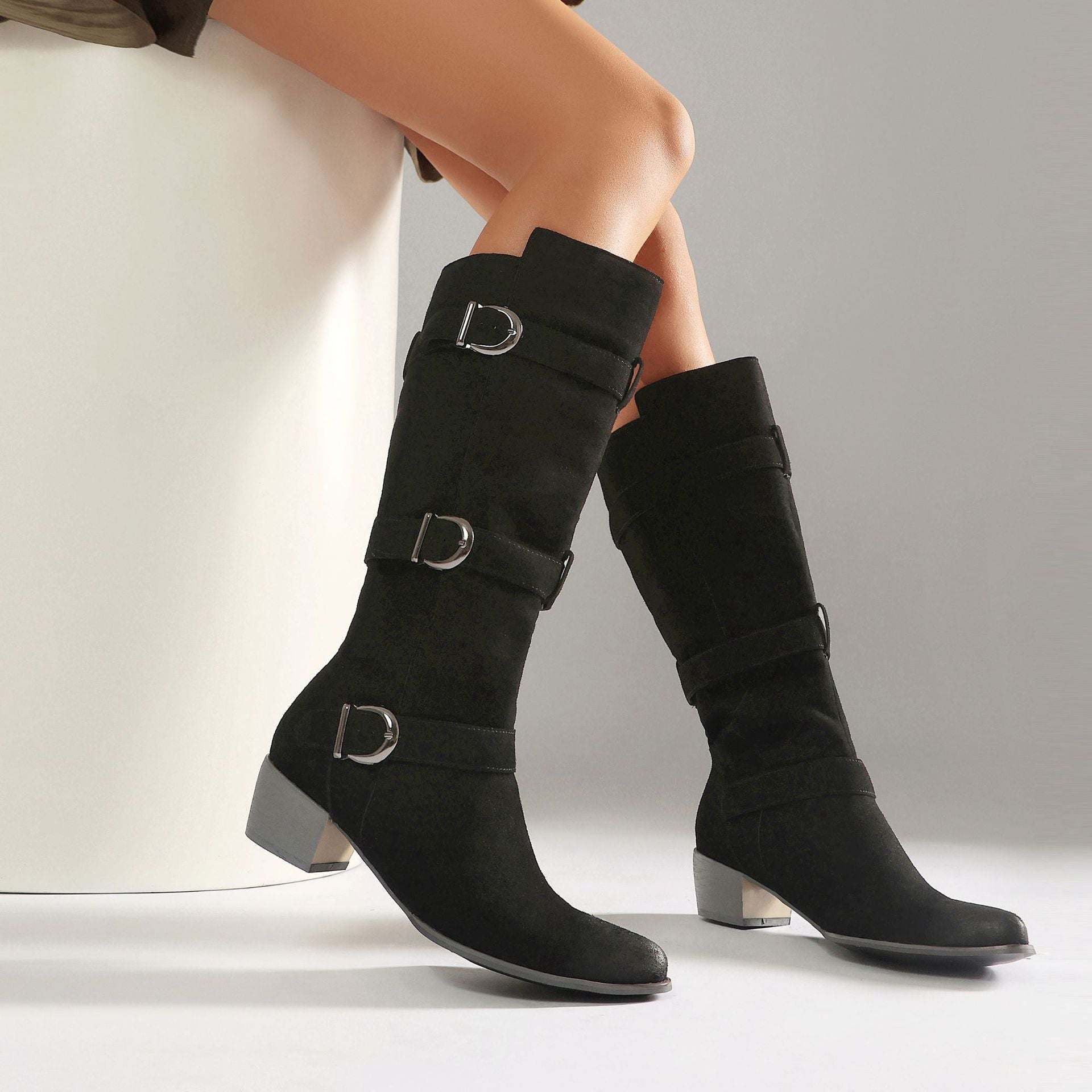 Fashion Winter High Heel Chunky Heel  Belt Buckle Suede Over-the-Knee Women's Boots Made to order, ships in 7 days 