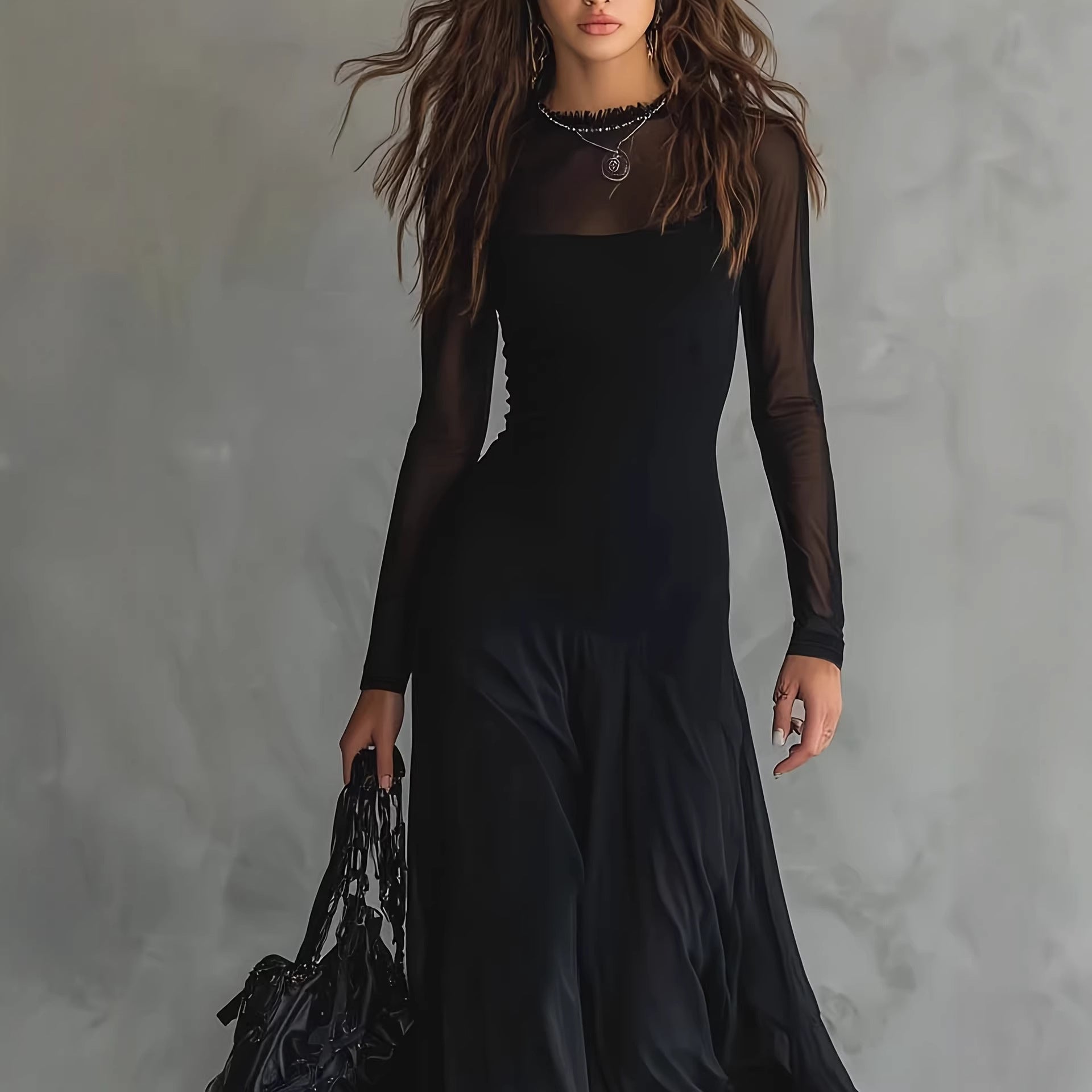 Elegant women's black see through mesh long sleeved dress 