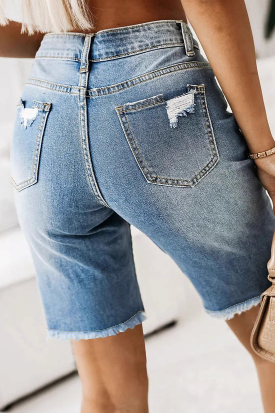 Cotton Denim Shorts Summer Mid-Length Frayed Hem Distressed Hot Pants 