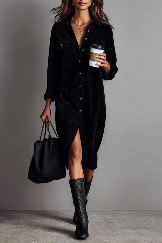 Classic Solid Color Corduroy Long Sleeve Turn-down Collar Shirt Loose Long Dress 