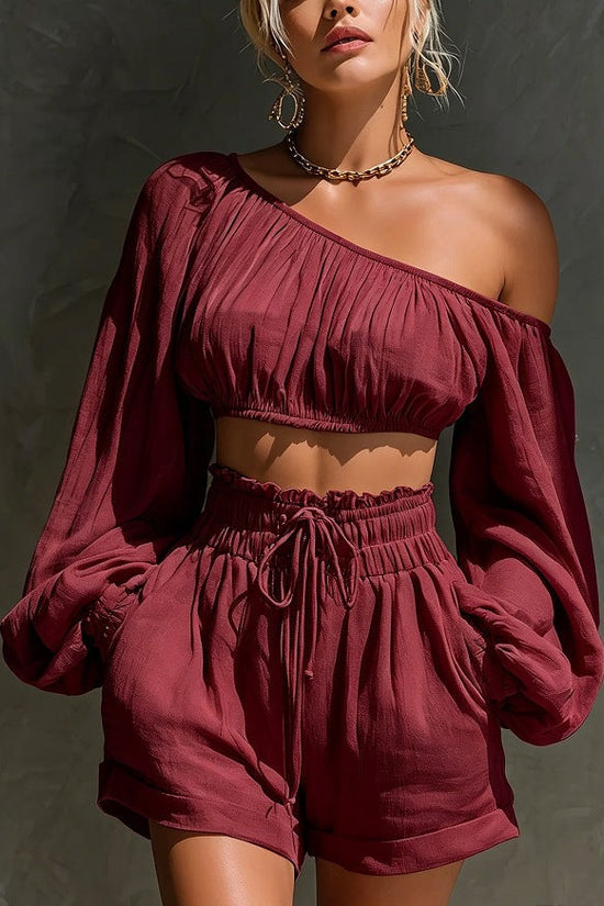 Shoulder long sleeved short top+high waisted casual shorts set for women 