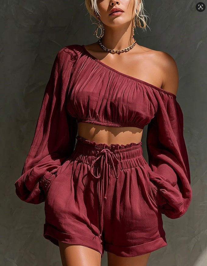 Shoulder long sleeved short top+high waisted casual shorts set for women 