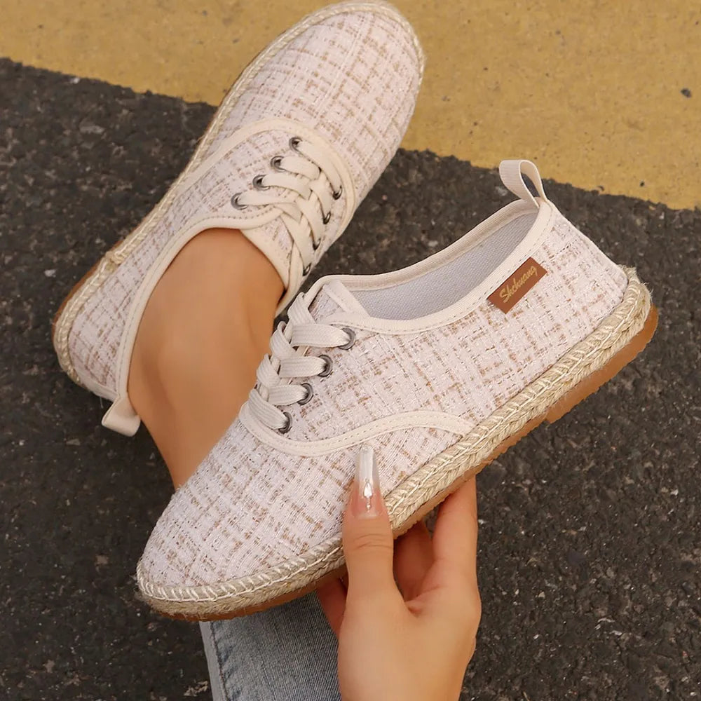 Lace Up Round Toe Flats Tweed Sneakers 