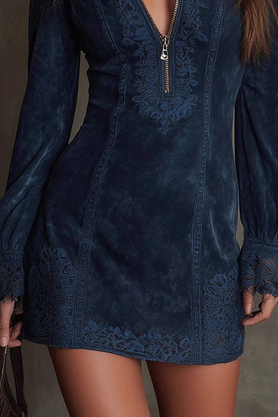 Elegant Long Sleeve Zipper Lace Trim Fitted Midi Dress for Women 