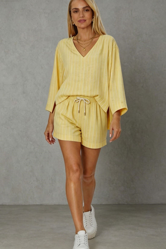 Loose V-neck long sleeved shorts striped set 