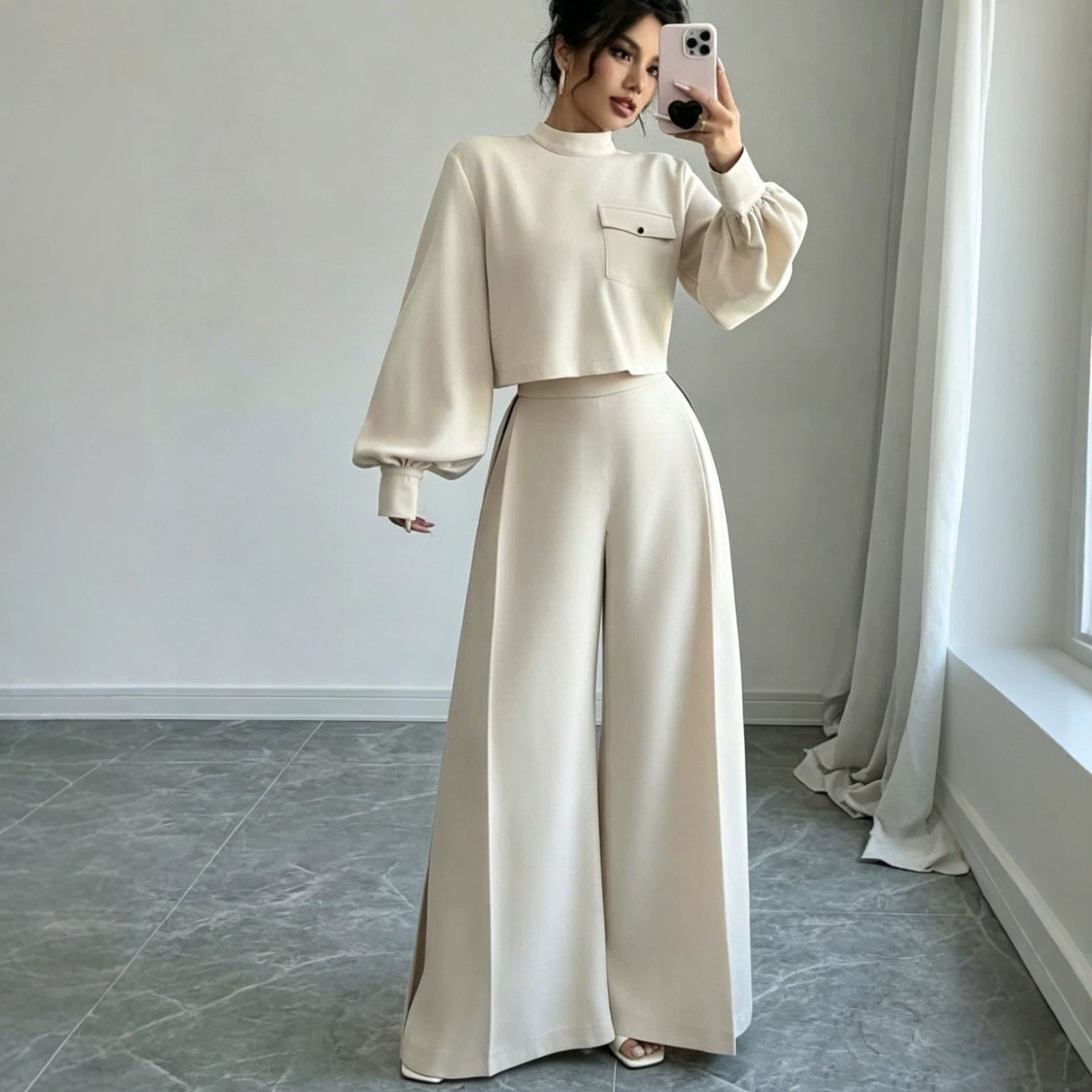 Solid color wide leg pants set for women 