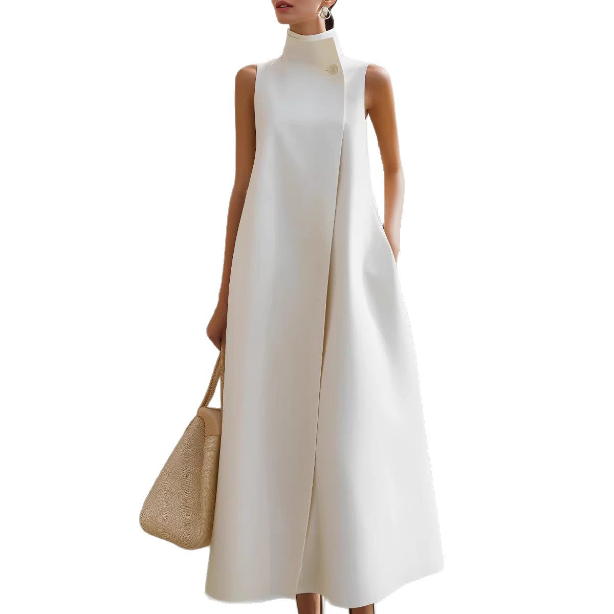 Elegant Sleeveless Long Dress with Stand Collar and Single Button Office Wear, Casual Fashion 