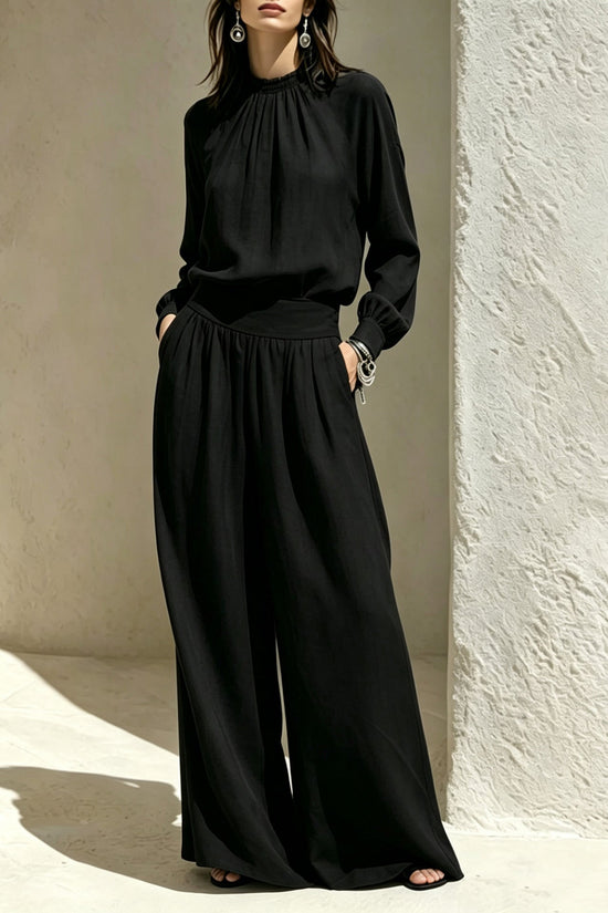 Casual Solid Color Long Sleeve Stand-up Collar Loose Fit Women's Fashion Set BlouseWide-leg Pants 