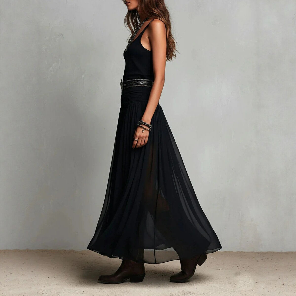 Summer New Black Strap Long Dress for Women, Mesh Dress with Belt 