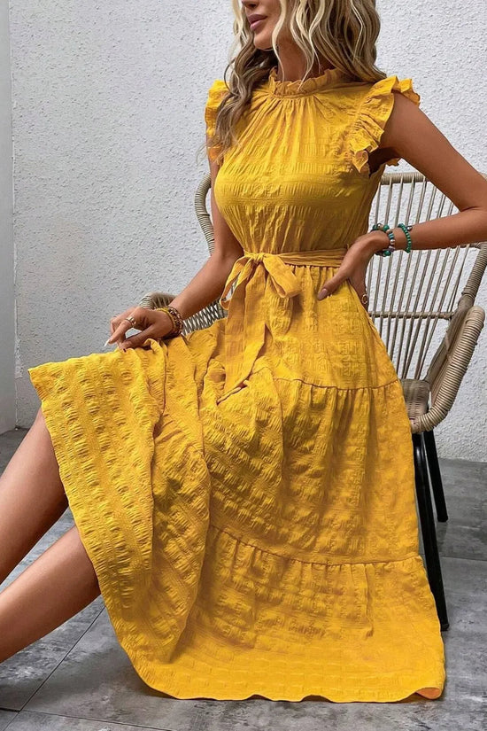 Tied Ruffled Cap Sleeve Midi Dress 
