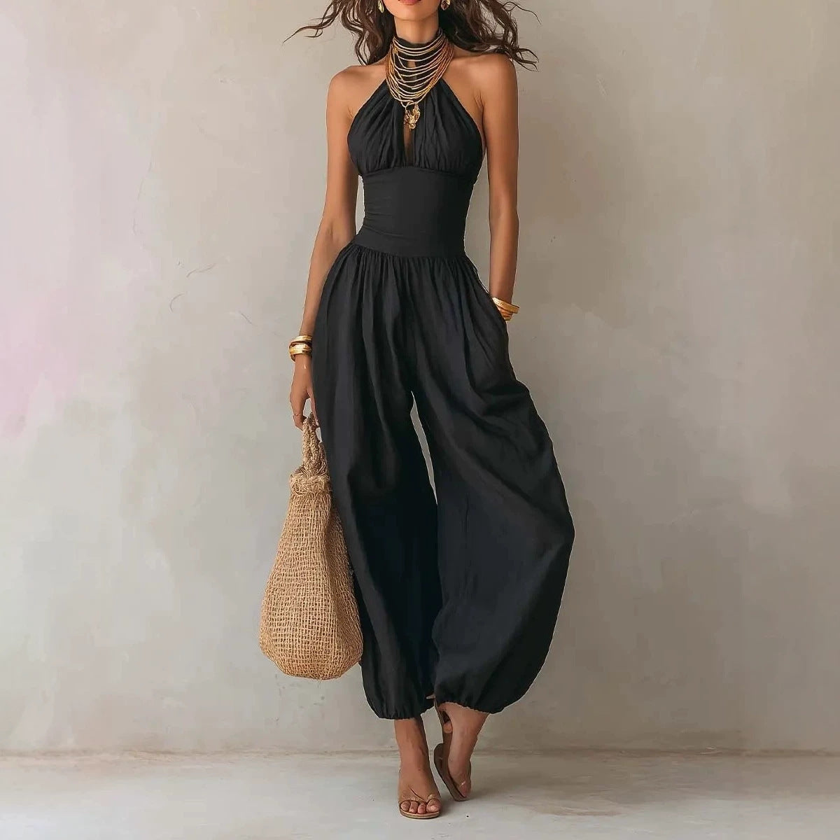 Slim-Fitting Body-Concealing Travel Halter Neck Sexy Casual Comfortable Jumpsuit 
