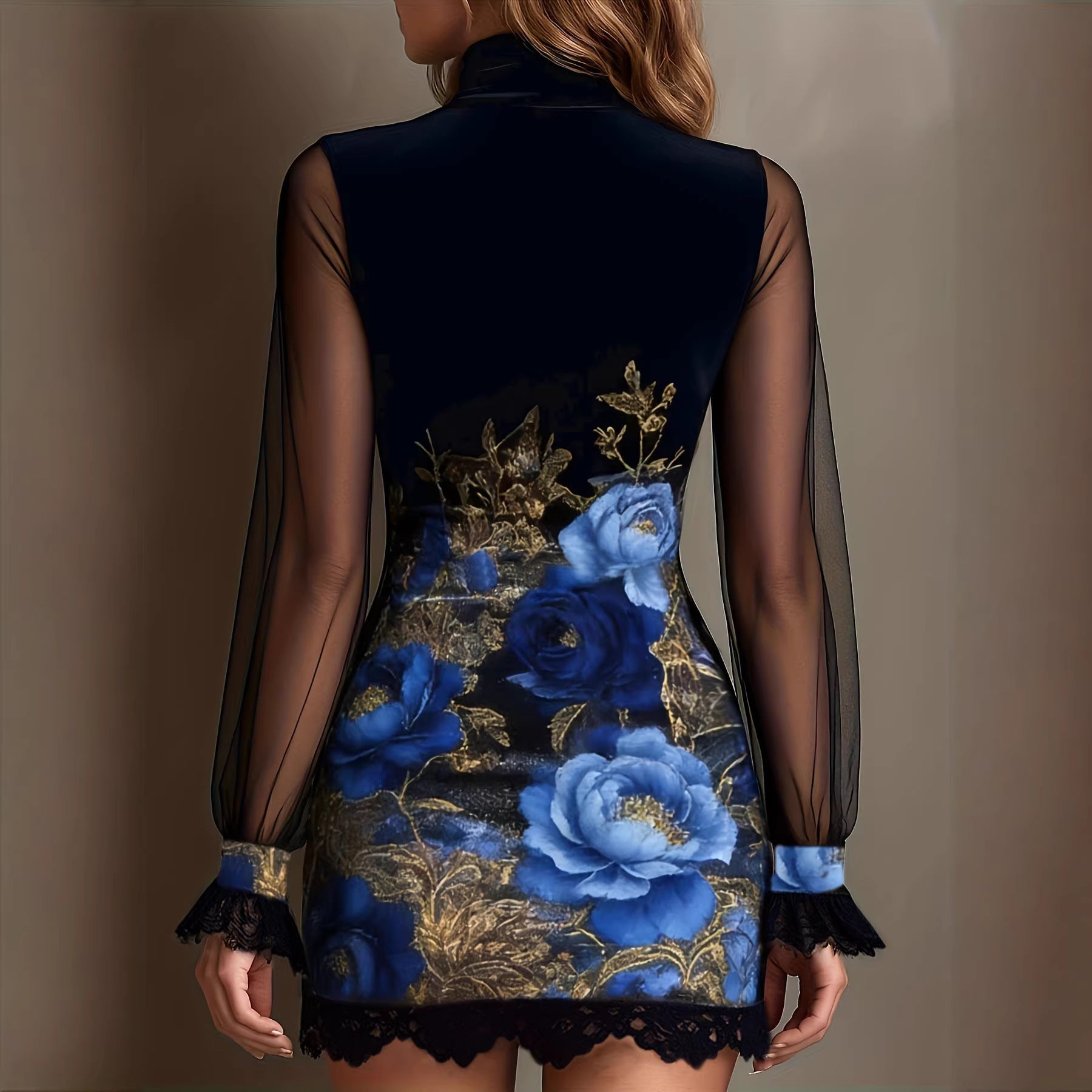 Sexy Lace Trim Patchwork Dress with Elegant Printed Tulle Design Fitted Mini Dress 